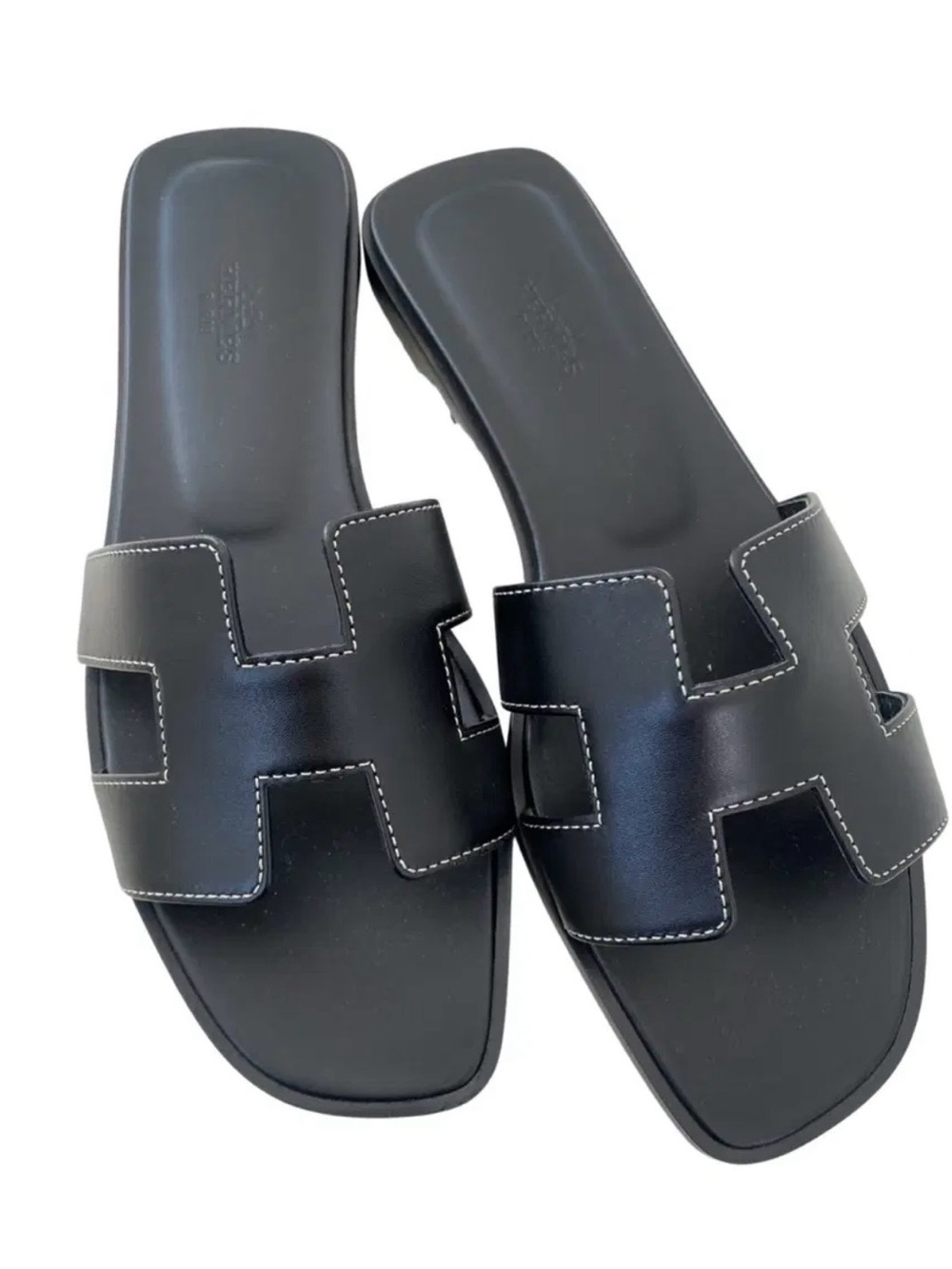 Hermes Black Leather H Slide Sandals with White Stitching